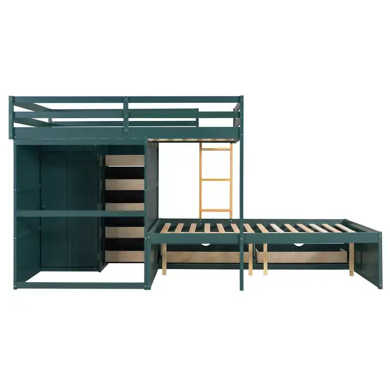 Stapelbed met twee volledige bedden, opbergkast en laden, houten ruimtebesparend stapelbed van volledig formaat met veiligheidshekje voor appartement of slaapkamer