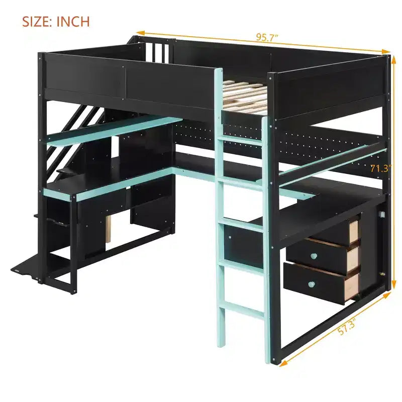 GDFStudio Scott Holz-Hochbett zum Spielen mit Stauraumtreppe, Schreibtisch, Regalen und Lochwand