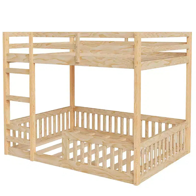 Etagenbett aus Holz, Doppelbett über Doppelbett, mit Leiter und Schutzgittern, niedriges Etagenbett in voller Größe mit Lattenrost