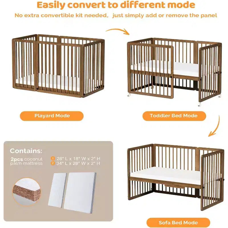 JOYMOR 8-in-1-Umbaubabybett, inklusive 2 Matratzen, umwandelbar in Stubenwagen, mittelhohes Babybett, großes Babybett, Tagesbett, Kleinkinderbett und Laufstall
