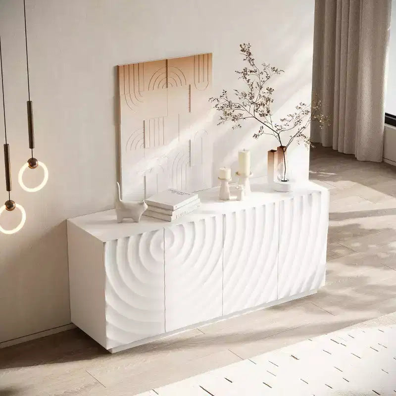 59 moderner Spiralen-Sideboard-Schrank, niedriges dekoratives Aufbewahrungsmöbel für den Eingangsbereich mit Türen in 3D-Wellenoptik