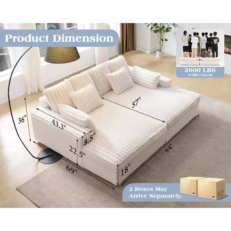 AMERLIFE 93 dubbele chaise longue voor twee personen, diepe cloudbank met lendenkussens en brede armleuningen, eenvoudig te monteren, imitatiebont