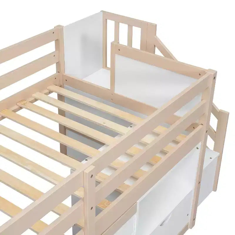 Lit mezzanine simple Okak en bois massif avec escalier et rangement, lit superposé simple bas avec tiroirs et étagères, lit mezzanine multifonctionnel pour enfants et adolescents