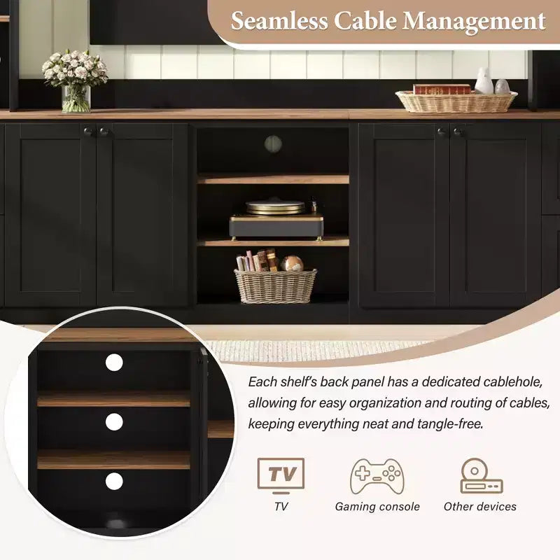 ModernLuxe 4-in-1-Farmhouse-Entertainment-Center als Wandeinheit, passend für Fernseher bis 70, TV-Ständer und Medienkonsole mit verstellbaren Regalen und Schubladen