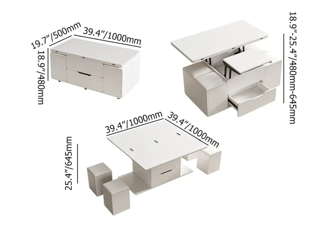 Table basse pliable à plateau relevable avec 4 tabourets et espace de rangement