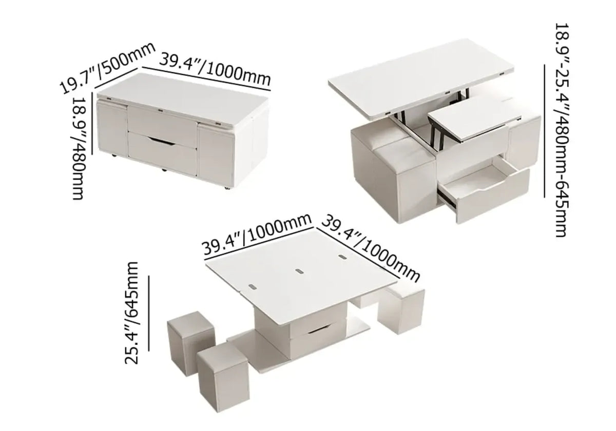Table basse pliable à plateau relevable avec 4 tabourets et espace de rangement