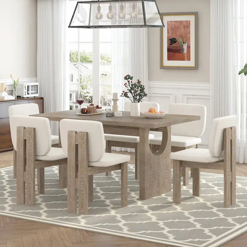 Ensemble de table à manger 7 pièces, ensemble de cuisine en bois massif avec table rectangulaire, piètement à tréteaux design et 6 chaises rembourrées