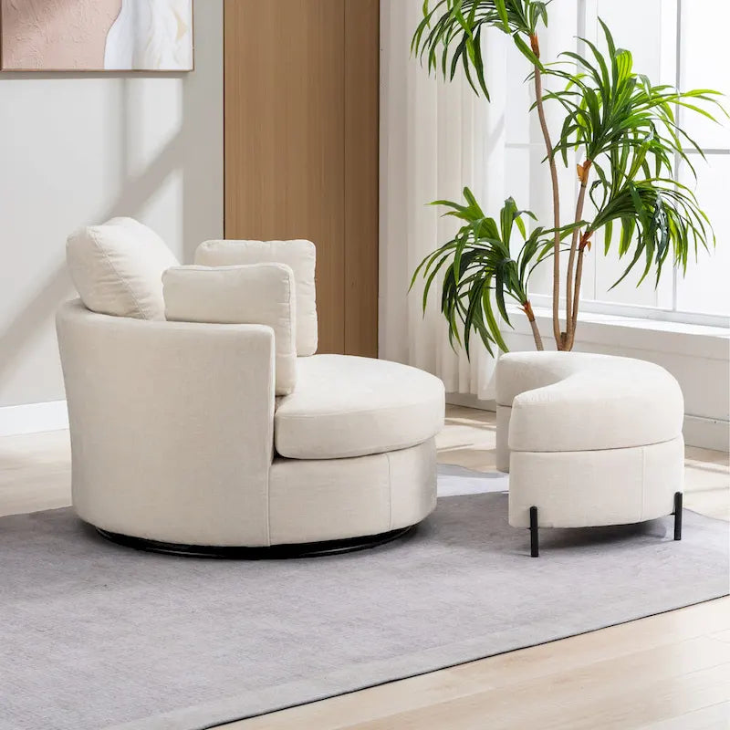 Fauteuil d’appoint pivotant rembourré de 42,3W avec 4 coussins et pouf de rangement demi-lune
