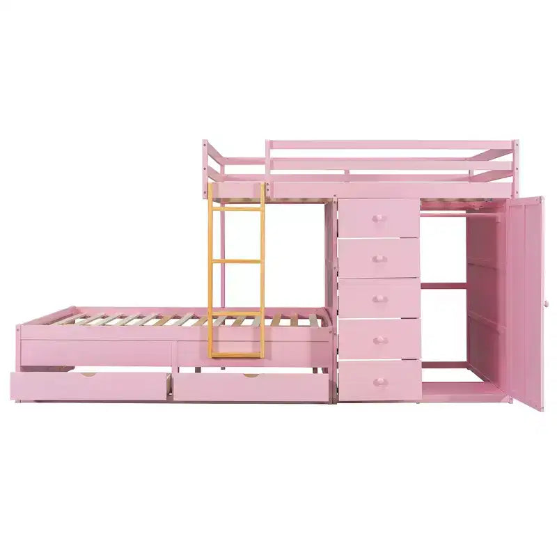 Stapelbed met twee volledige bedden, opbergkast en laden, houten ruimtebesparend stapelbed van volledig formaat met veiligheidshekje voor appartement of slaapkamer
