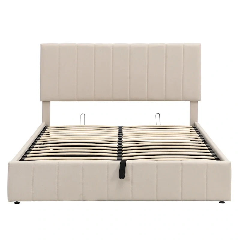Gestoffeerd platformbed in queen-size met hydraulisch opbergsysteem - beige