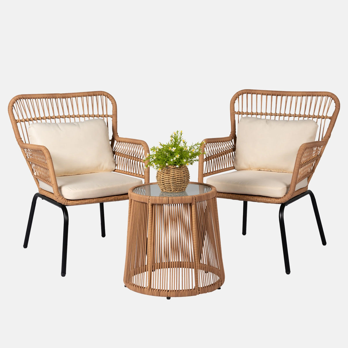 Ensemble bistro de conversation extérieur en osier de 3 pièces, mobilier de patio en rotin toutes saisons avec coussins