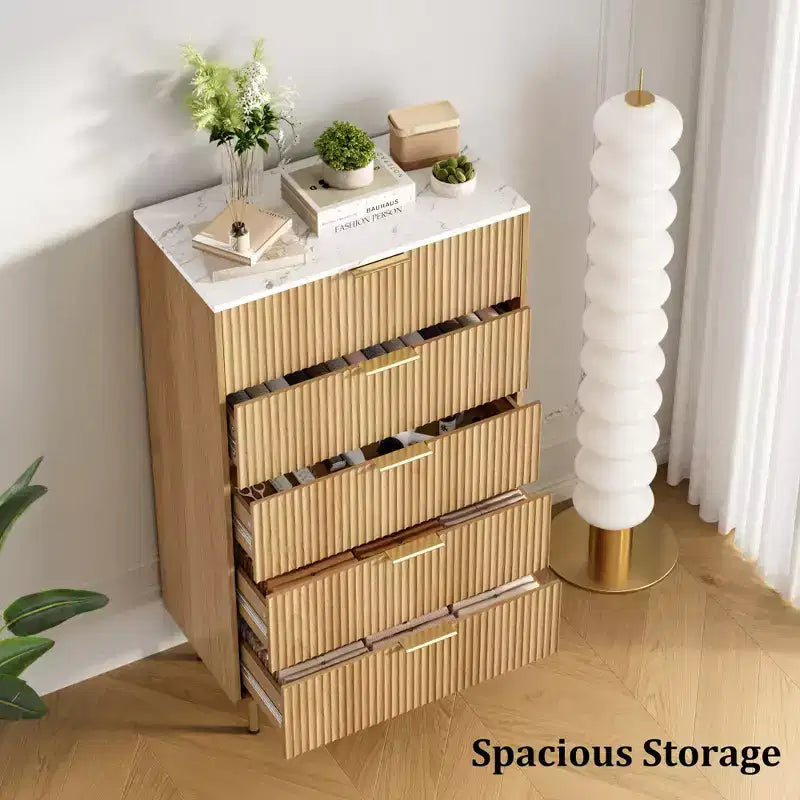 Commode blanche / marbre et bois à 5 tiroirs - panneau cannelé, pour 1 personne