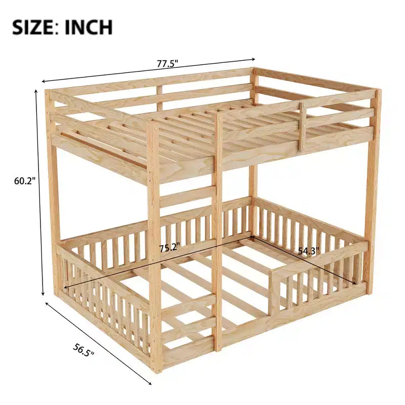 Etagenbett aus Holz, Doppelbett über Doppelbett, mit Leiter und Schutzgittern, niedriges Etagenbett in voller Größe mit Lattenrost
