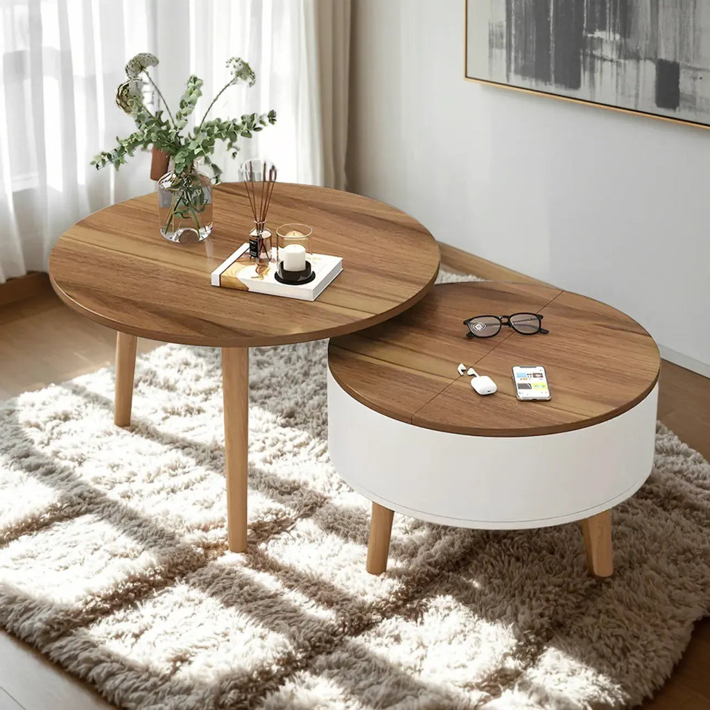 Moderne ronde houten salontafel in zwart en wit met opbergruimte