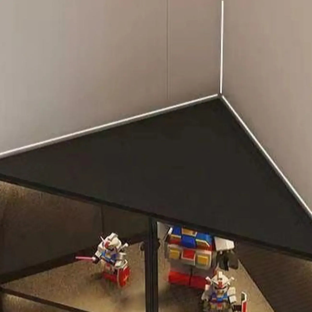 Moderner grauer Eckvitrinenschrank aus Metall und Holz mit Glastür