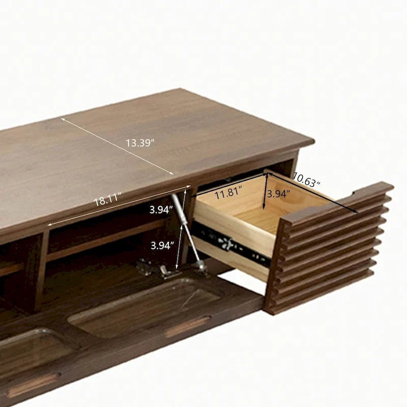 Minimalistische tv-meubel met laden, mediaconsole van massief hout met kasten, neerklapbare deur, walnootfineer, volledig gemonteerd