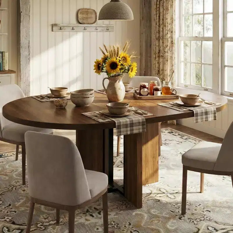Ausziehbarer runder Esstisch, 47–63 Zoll, für 4–8 Personen, ausziehbarer Küchen- und Esstisch aus Holz im Landhausstil mit Metallgestell, oval, platzsparend für Wohnungen, Retro-Grau