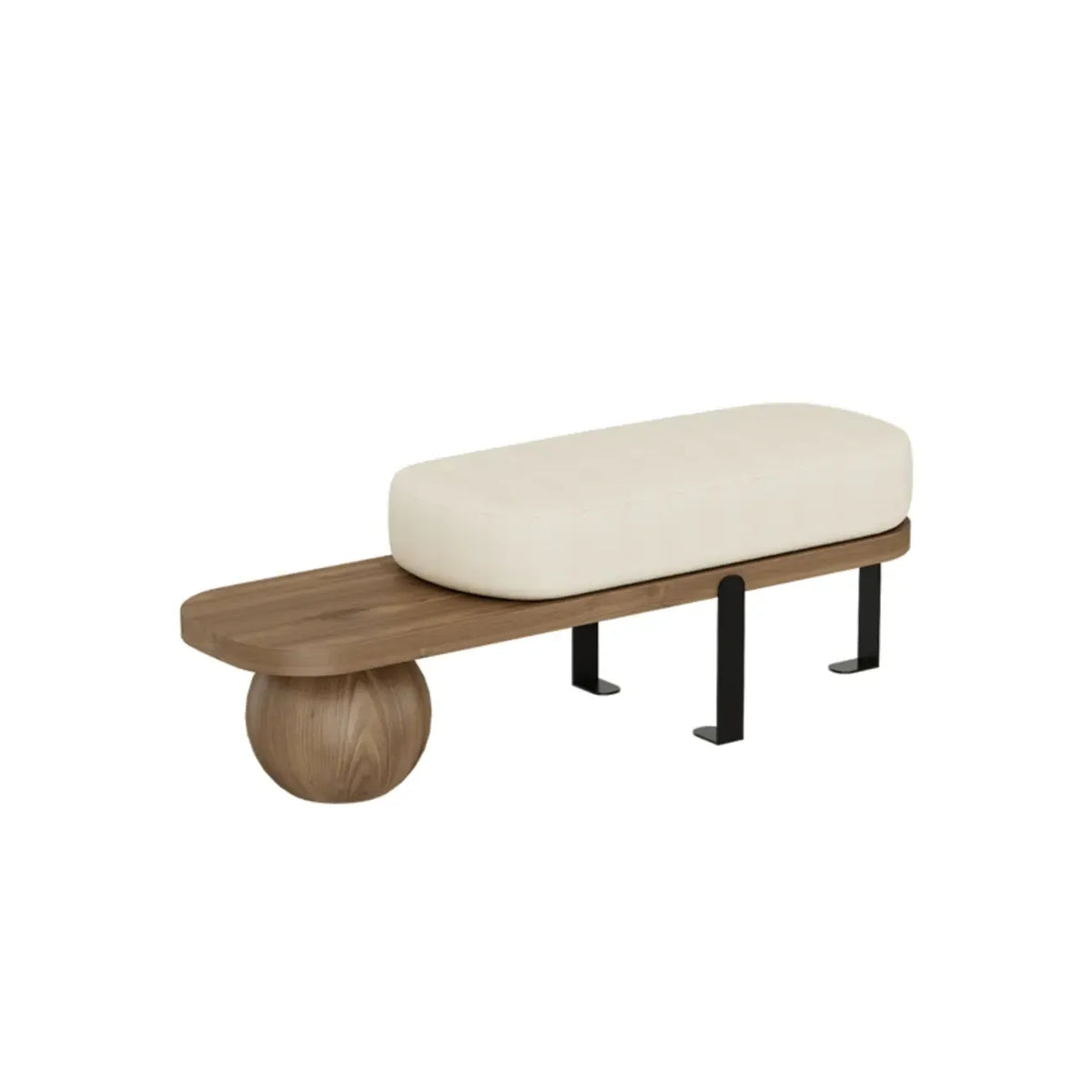 Moderne korte houten bank met beige bekleding