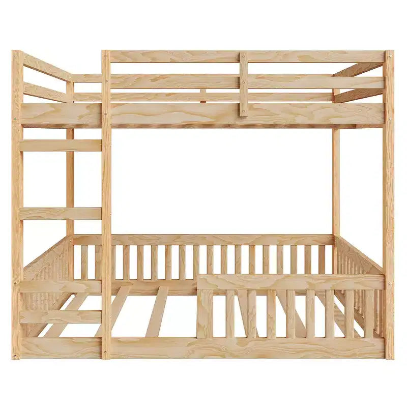 Etagenbett aus Holz, Doppelbett über Doppelbett, mit Leiter und Schutzgittern, niedriges Etagenbett in voller Größe mit Lattenrost
