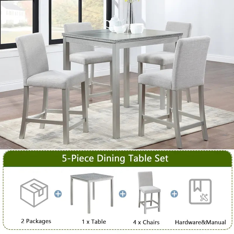 Ensemble de salle à manger moderne de 5 pièces avec table carrée à hauteur de comptoir et 4 chaises rembourrées