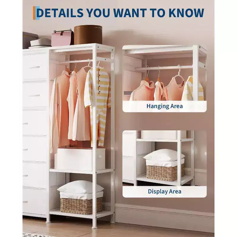 Commode avec 16 tiroirs, tringle et étagères, organisateur de rangement en tissu pour chambre, dressing ou entrée