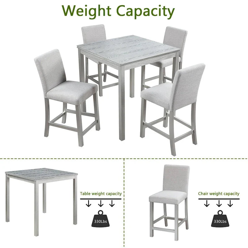Ensemble de salle à manger moderne de 5 pièces avec table carrée à hauteur de comptoir et 4 chaises rembourrées