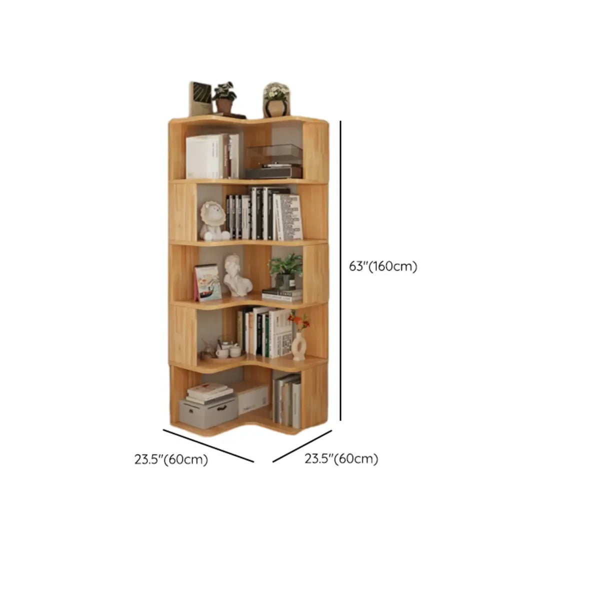 Vertikales L-förmiges Bücherregal aus Holz mit natürlicher Oberfläche und offener Rückseite