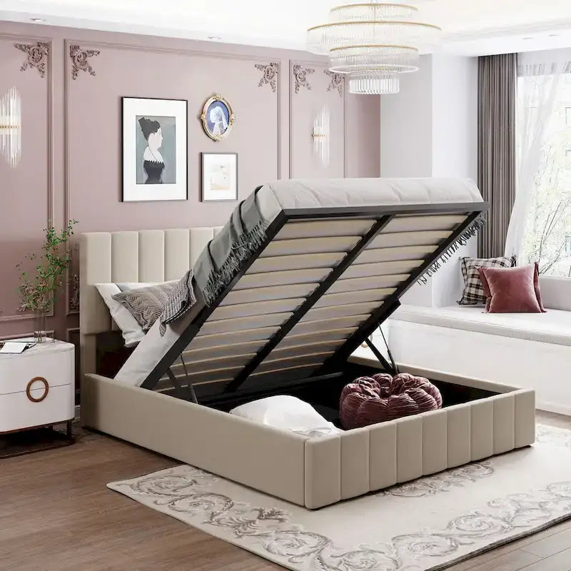 Gestoffeerd platformbed in queen-size met hydraulisch opbergsysteem - beige
