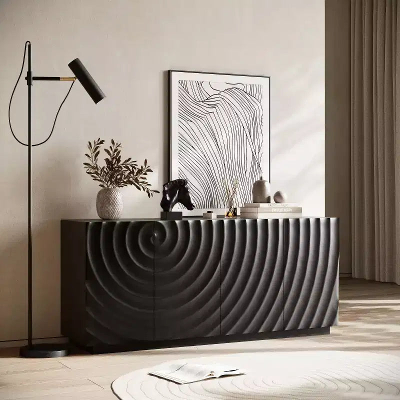 59 moderner Spiralen-Sideboard-Schrank, niedriges dekoratives Aufbewahrungsmöbel für den Eingangsbereich mit Türen in 3D-Wellenoptik