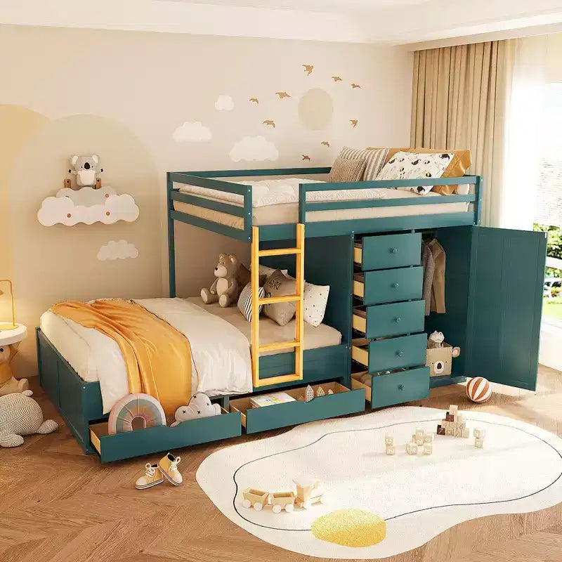 Stapelbed met twee volledige bedden, opbergkast en laden, houten ruimtebesparend stapelbed van volledig formaat met veiligheidshekje voor appartement of slaapkamer