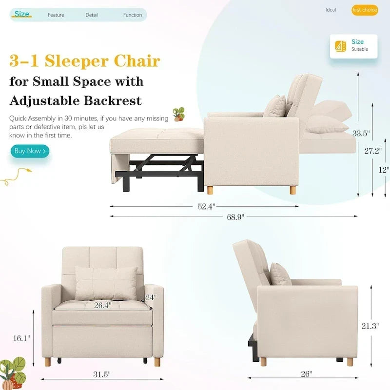 Fauteuil convertible 3-en-1 AECOJOY avec coussin et dossier réglable