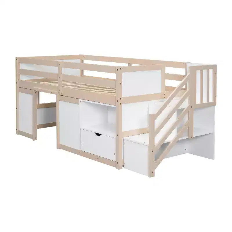 94,6L x 42,3B bed van massief hout in eenpersoonsformaat, laag hoogslaperbed met trap, lade en plank, modern en strak ontwerp