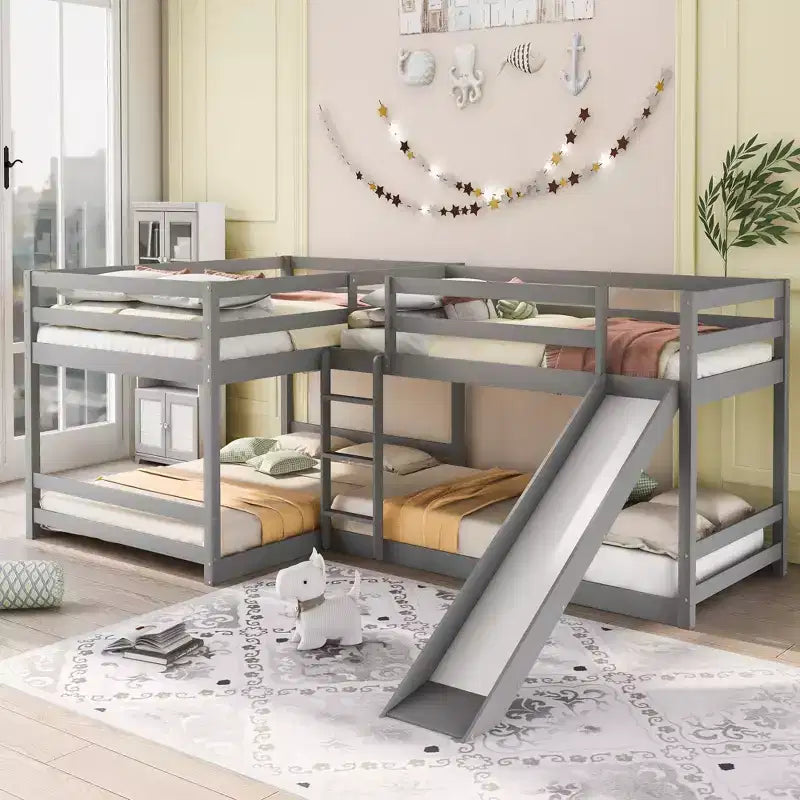 L-förmiges Etagenbett für 4 Kinder, Etagenbett für vier Personen mit Rutsche, Full- und Twin-Holzrahmen für Schlafzimmer oder Wohnheim