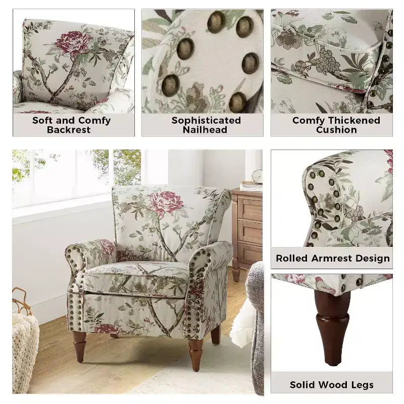 Sillón floral tradicional Araceli con estructura de madera, tapizado, respaldo alto con alas y acabado de tachuelas| ART OF LIVING DESIGNS