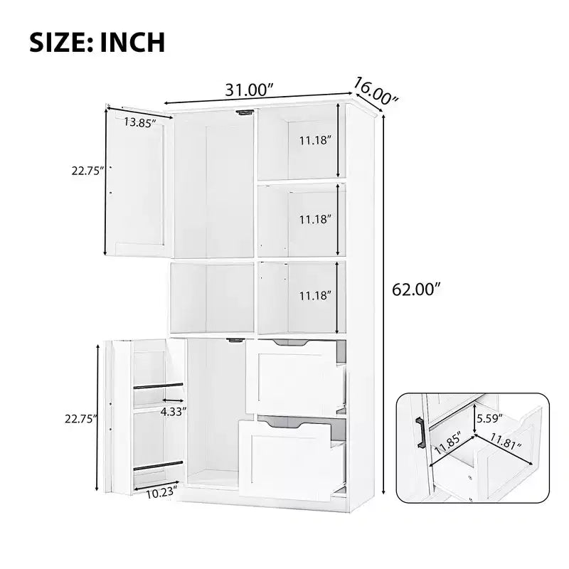 Mobile contenitore da bagno alto 62", indipendente, con cassetto e ripiano regolabile, dispensa per bagno e soggiorno