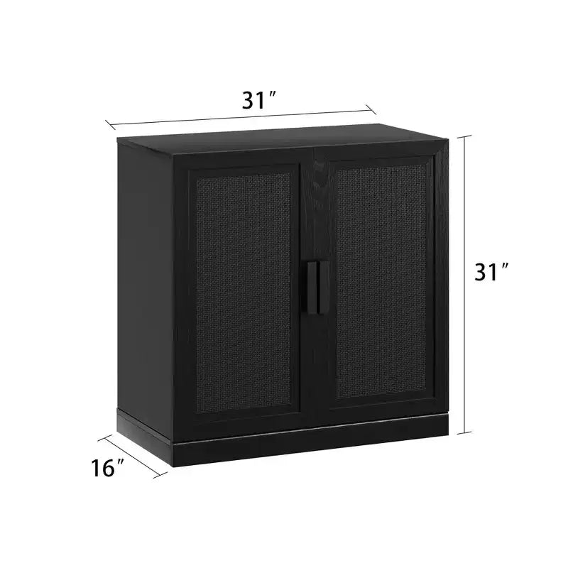 Credenza decorativa nera in vimini effetto legno alta 62 cm con anta e 12 ripiani