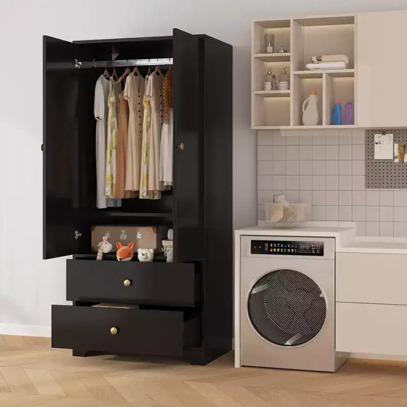 Moderner Kleiderschrank aus Holz für das Schlafzimmer, 71 Zoll, mit 2 Türen, 2 Schubladen, verstellbaren Einlegeböden, Kleiderstange und Stauraum