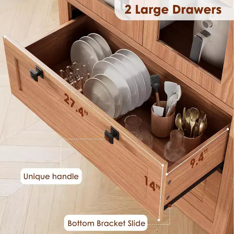 Armoire de rangement de cuisine style champêtre avec portes vitrées, meuble de rangement de 72 pouces avec tiroirs et étagères réglables pour la salle à manger, la salle de bains ou le salon