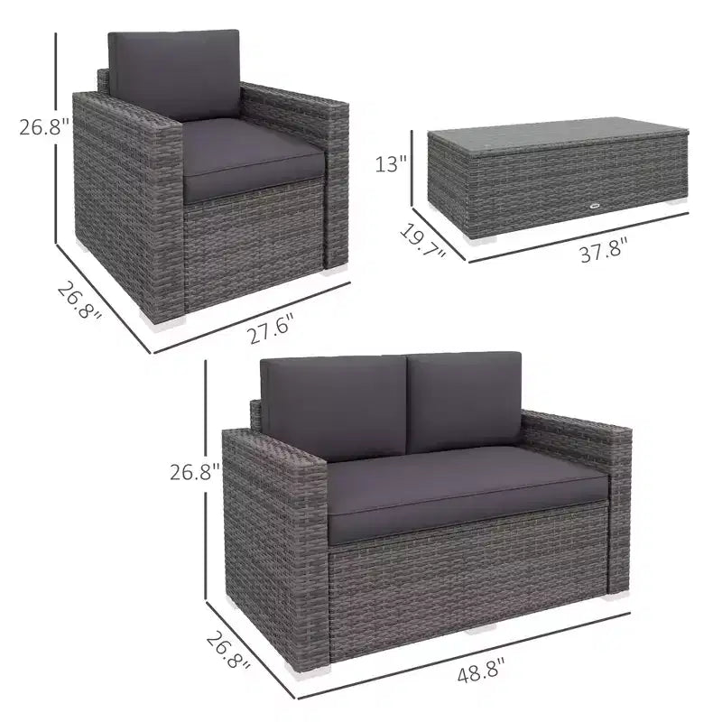 4-delige rotan loungeset, rieten terrasbankstel met loveseatstoelen en salontafel met glazen blad voor de tuin