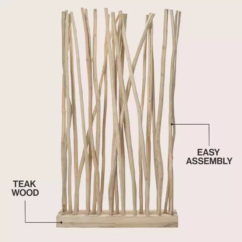 JONATHAN Y Tranquil, séparateur de pièce simple panneau en branches de teck fabriquées à la main, style bohème côtier, 39 l x 68 h