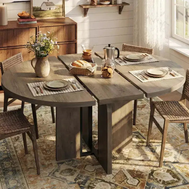 Ausziehbarer runder Esstisch, 47–63 Zoll, für 4–8 Personen, ausziehbarer Küchen- und Esstisch aus Holz im Landhausstil mit Metallgestell, oval, platzsparend für Wohnungen, Retro-Grau