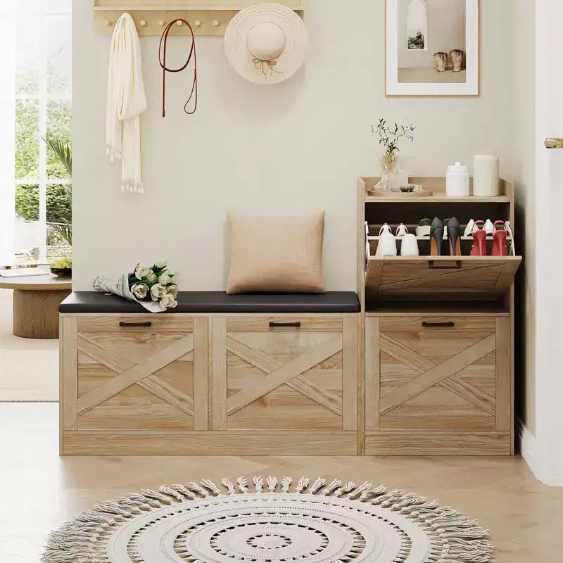 Banc avec 4 tiroirs rabattables et coussin d’assise rembourré, meuble à chaussures étroit en bois, idéal comme banc d’entrée pour le salon