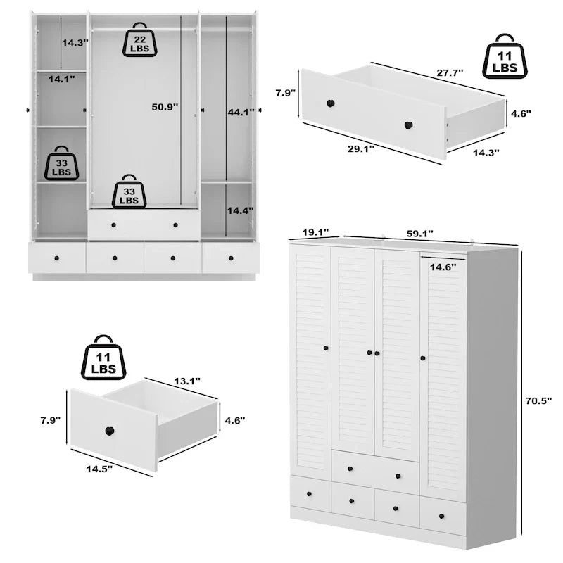 Armoire-penderie blanche de 59 po de large, grande armoire autoportante