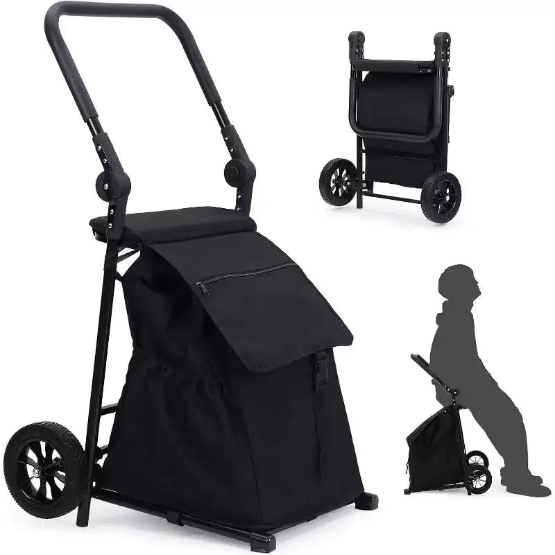 Acekool 2-in-1 zusammenklappbarer Transport- und Nutzwagen mit abnehmbarem wasserdichtem Beutel, dickem Sitzpolster und verstellbarem rutschfestem Griff, Schwarz