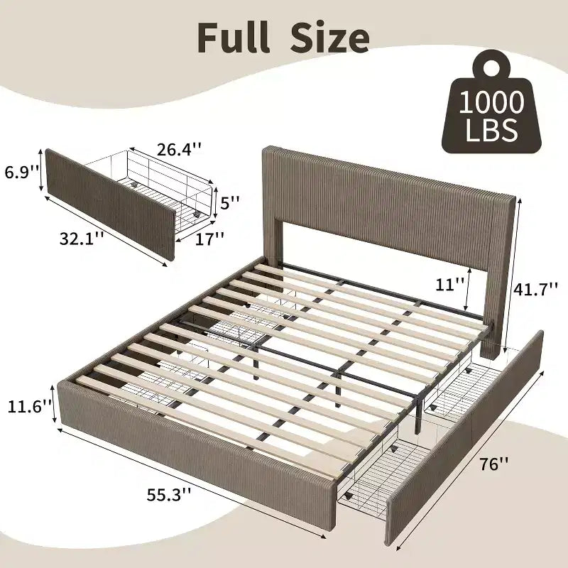 CuisinSmart corduroy bedframe met hoofdbord, gestoffeerd platformbed met 4 opbergladen en houten lattenbodem