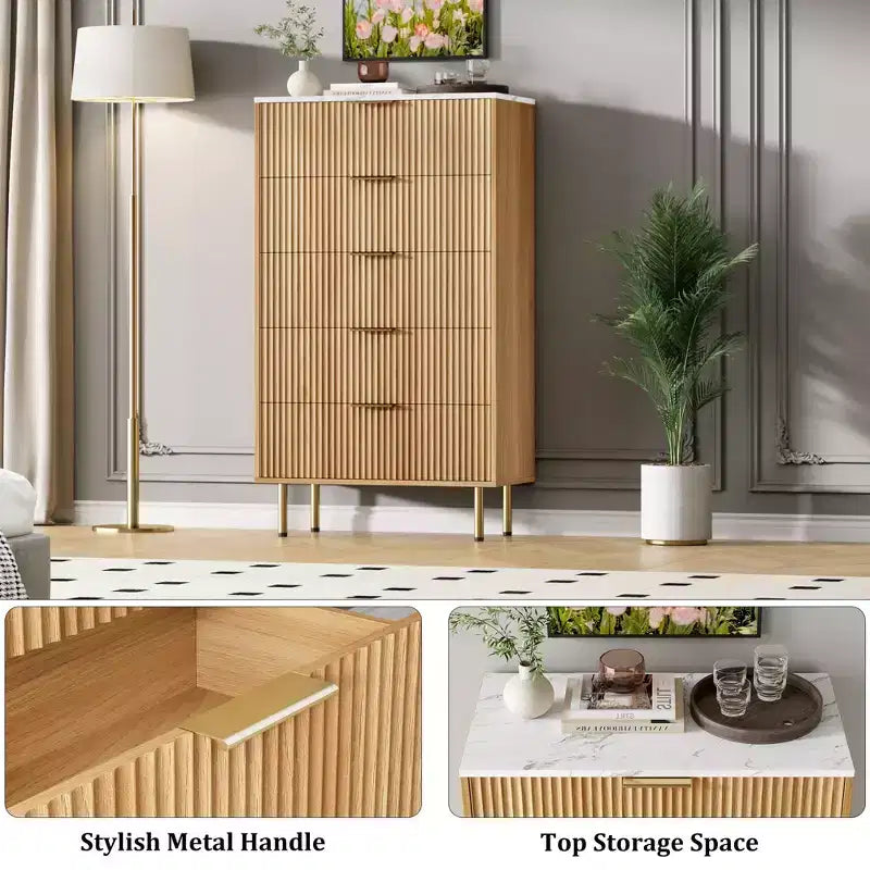 Commode blanche / marbre et bois à 5 tiroirs - panneau cannelé, pour 1 personne