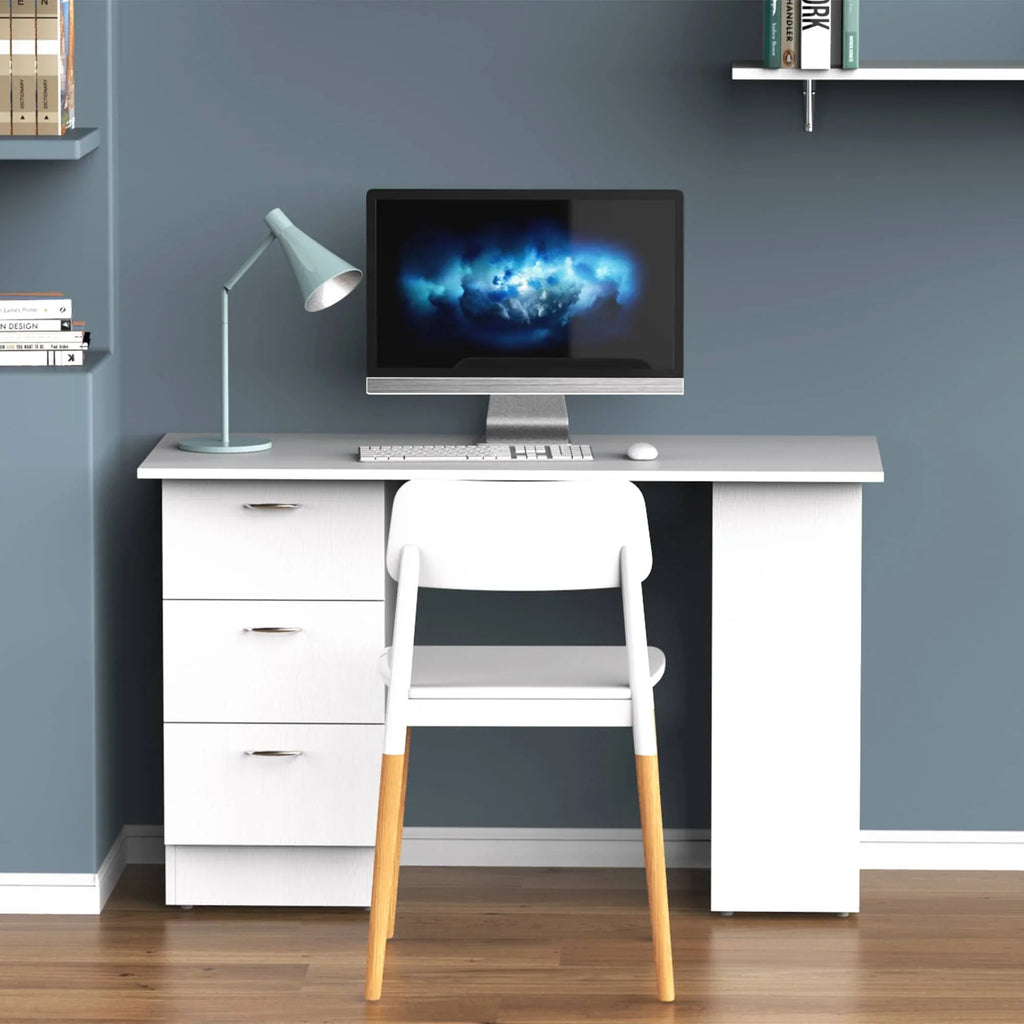 Bureau informatique HOMCOM 47 pour bureau à domicile, combinaison bibliothèque, table d’écriture et poste de travail moderne avec 3 tiroirs et étagère de rangement — blanc