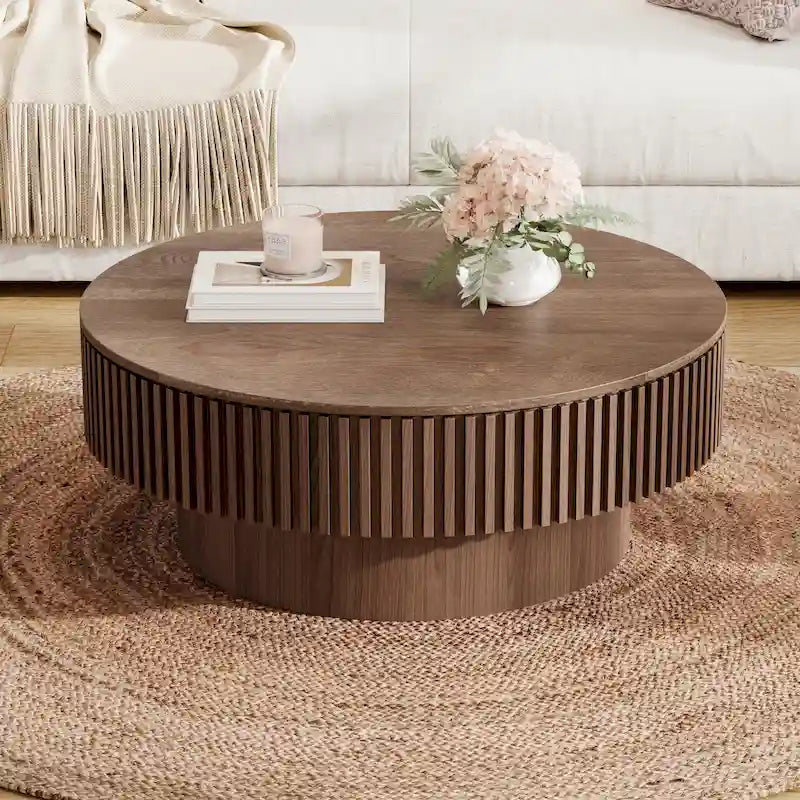 Table basse ronde moderne en bois massif plaqué avec rangement