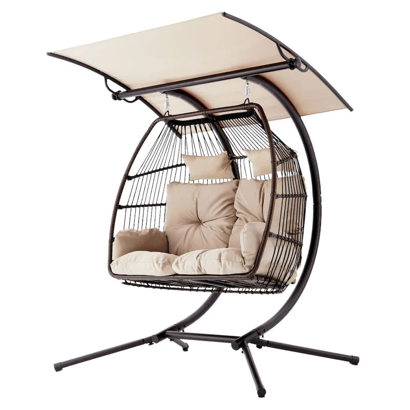 Outdoor-Schaukelsofa für zwei mit Gestell, faltbarer Hängesessel, Hängemattenkissen und Sonnendach, doppelter Eiersessel – Beige