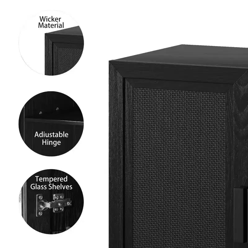 Credenza decorativa nera in vimini effetto legno alta 62 cm con anta e 12 ripiani